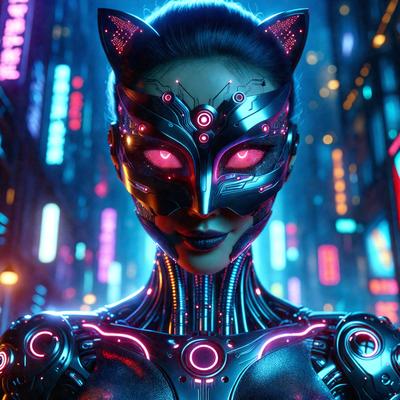 The primary subject of the image is a woman wearing a futuristic, high-tech mask. The mask is designed to look like a cat's face, and it is adorned with glowing pink lights. The woman is standing in front of a backdrop of colorful lights, which adds to the futuristic and high-tech atmosphere of the scene. The visual style of the image is a combination of photo and digital art, creating a unique and eye-catching portrait. The colors and mood of